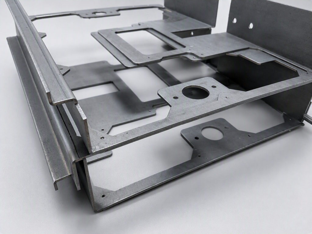 Laser-cut and formed HRPO mild steel assembly featuring precision cutouts, clean edges, and multiple bent components on a neutral gray studio background.