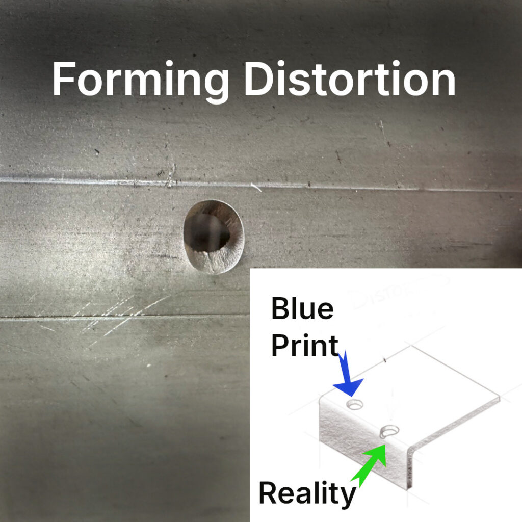A laser cut hole placed too close to a bend may distort during forming.