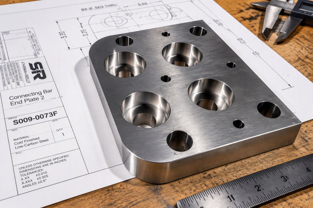Machined prototype part being reviewed